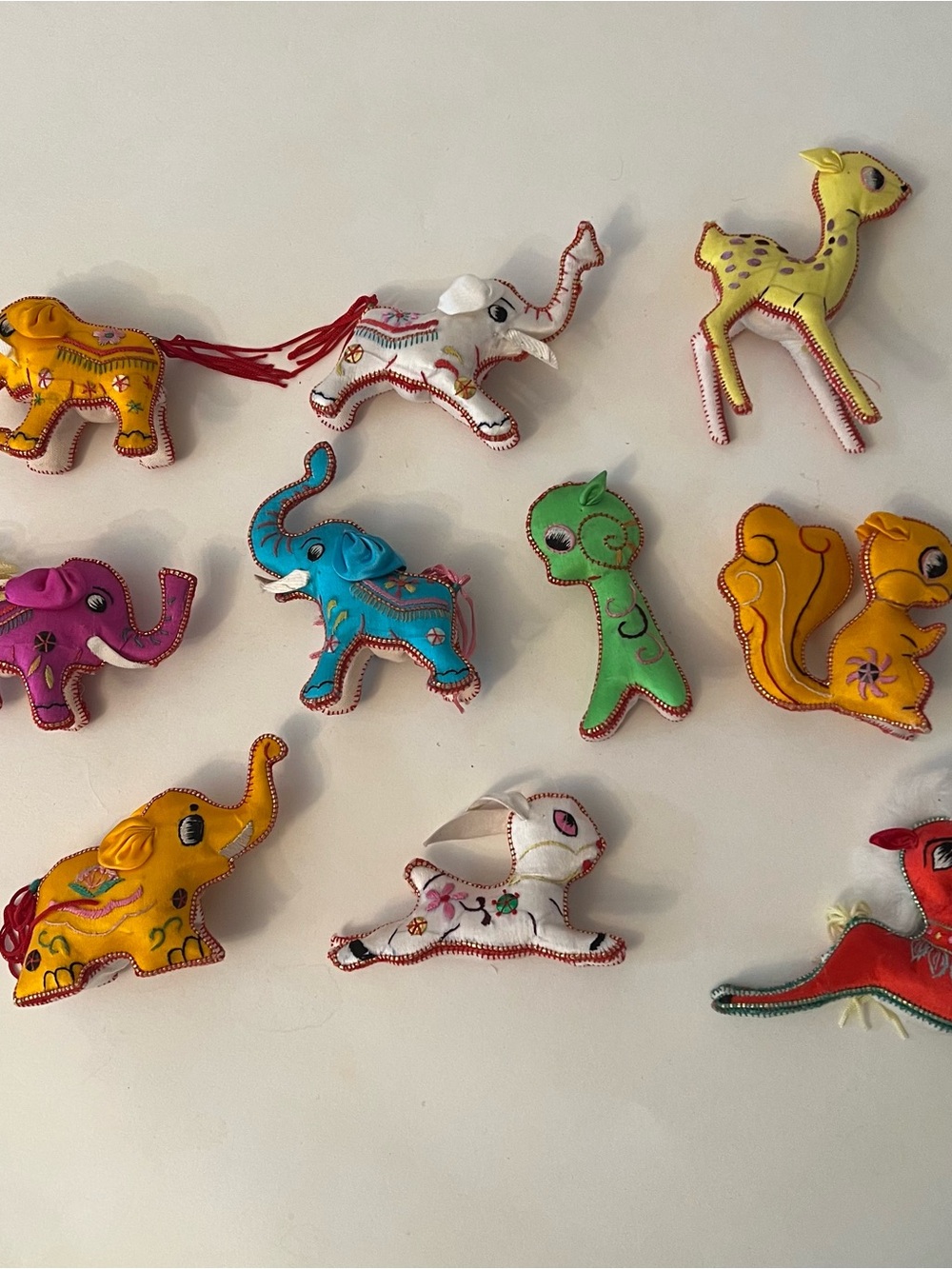 Vintage Handmade Indian Embroidered Stuffed Animal Ornaments. Set of 10. - Picture 1 of 10